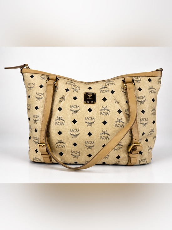MCM Handbags - MCM Visetos Ivory Medium Shoulder Bag Logo Print Leather Trim Zip Top Designer